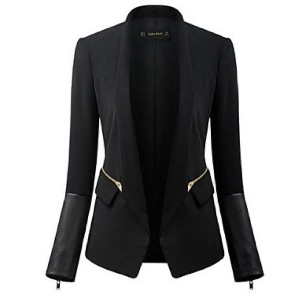 Zara Black blazer with faux leather cuffs.